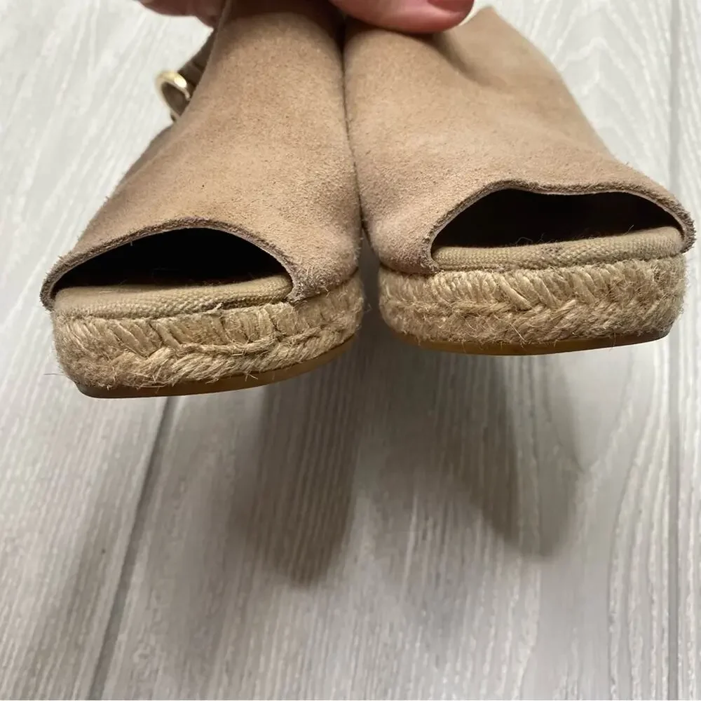 Kanna Tan Suede Leather Peep Toe Espadrille Wedges Size 7.5 EU 38
